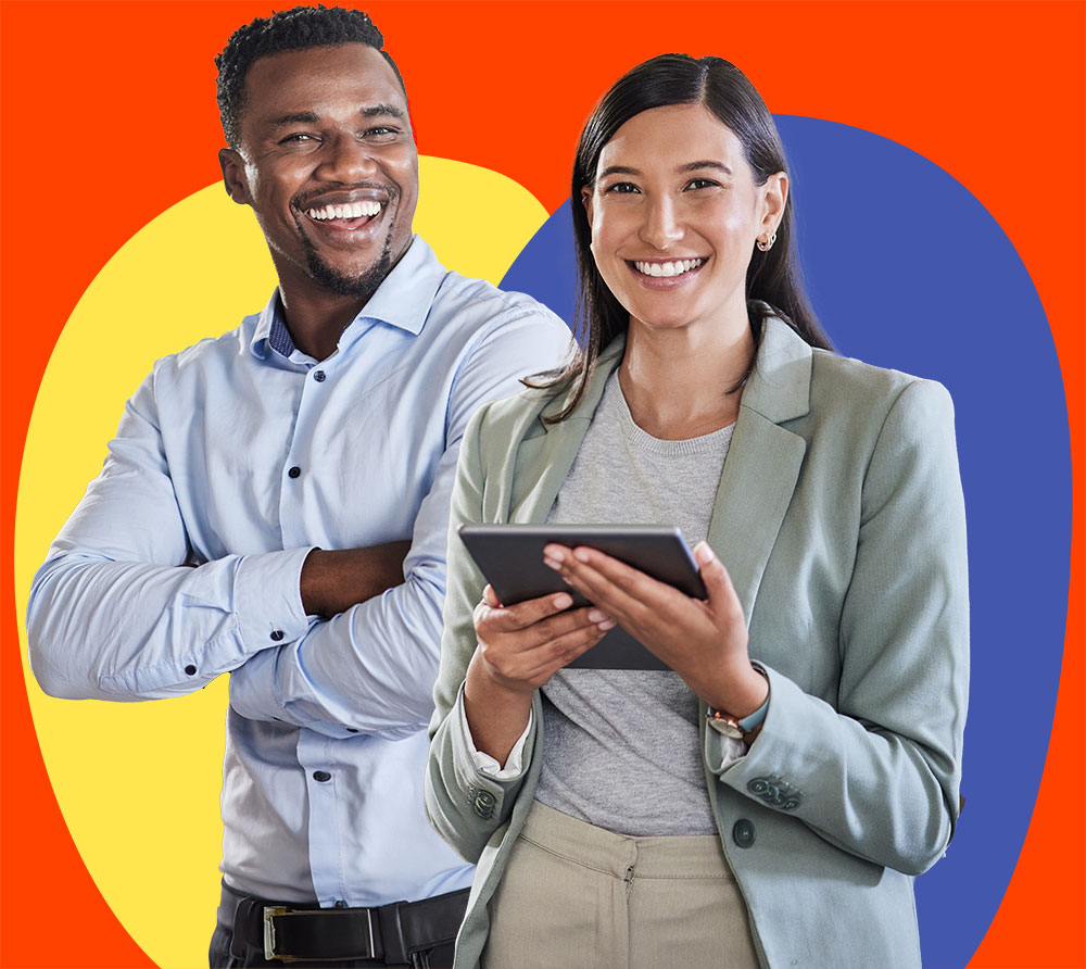 Hispanic woman entrepreneur holding a tablet standing next to a a black business owner